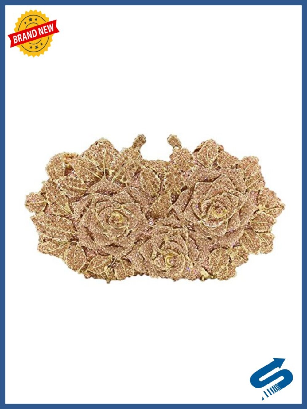 Handmade Crystal Flower Clutch Purse with Rhinestones, Faux Leather Evening Bag